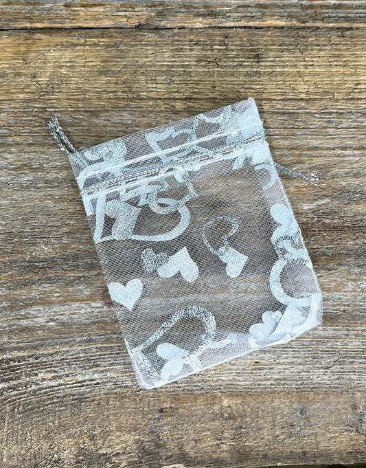 DBX1292HW = Organza Drawstring Pouches White with Silver Hearts 2-3/4''x3'' (Pkg/10)