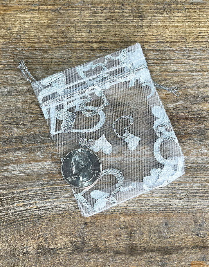 DBX1292HW = Organza Drawstring Pouches White with Silver Hearts 2-3/4''x3'' (Pkg/10)