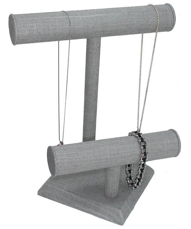 DCH7198 = Grey Linen Necklace/Bracelet Double T-bar Bar 9-3/8''W x 10-1/2''H