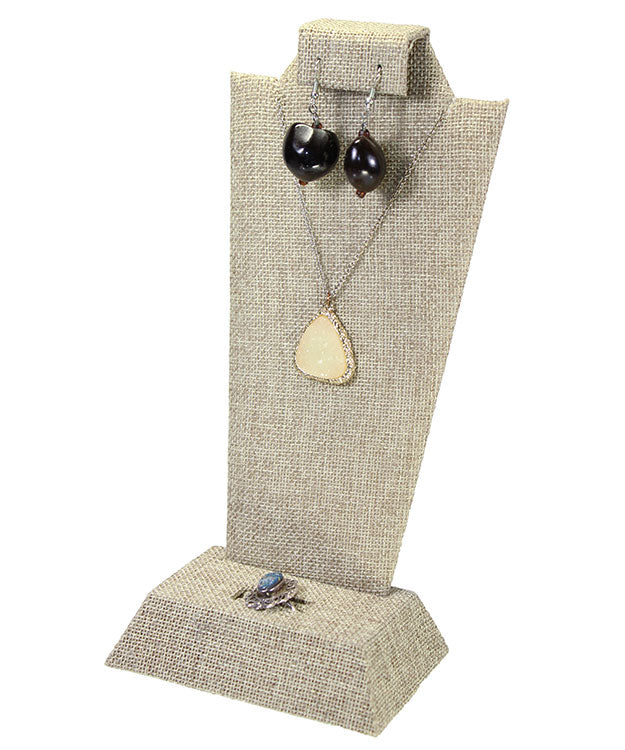 DCO3706 = Burlap Pendant, Ring, Earring Display 9-1/8" H