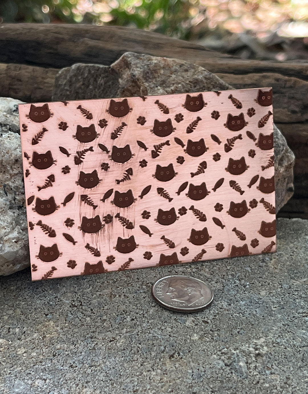 XLP0148 = Cats and Fish Bones Laser Engraved Metal Sheet 3x2" = Textured Jewelry Blank = Copper, Brass & More