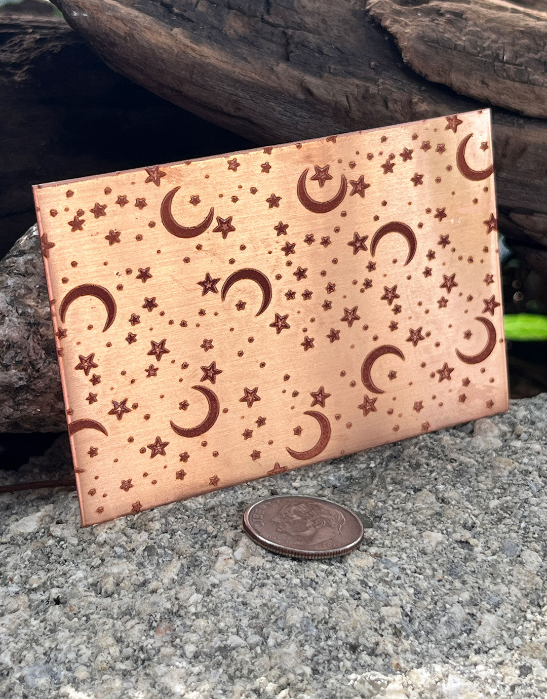XLP0160 = Moons and Stars Laser Engraved Metal Sheet 3x2" = Textured Jewelry Blank = Copper, Brass & More