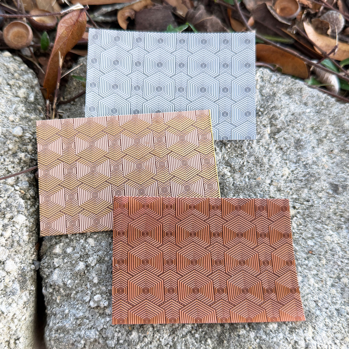 XLP0185 = Hexagon Scales Laser Engraved Metal Sheet 3x2" = Textured Jewelry Blank = Copper, Brass & More