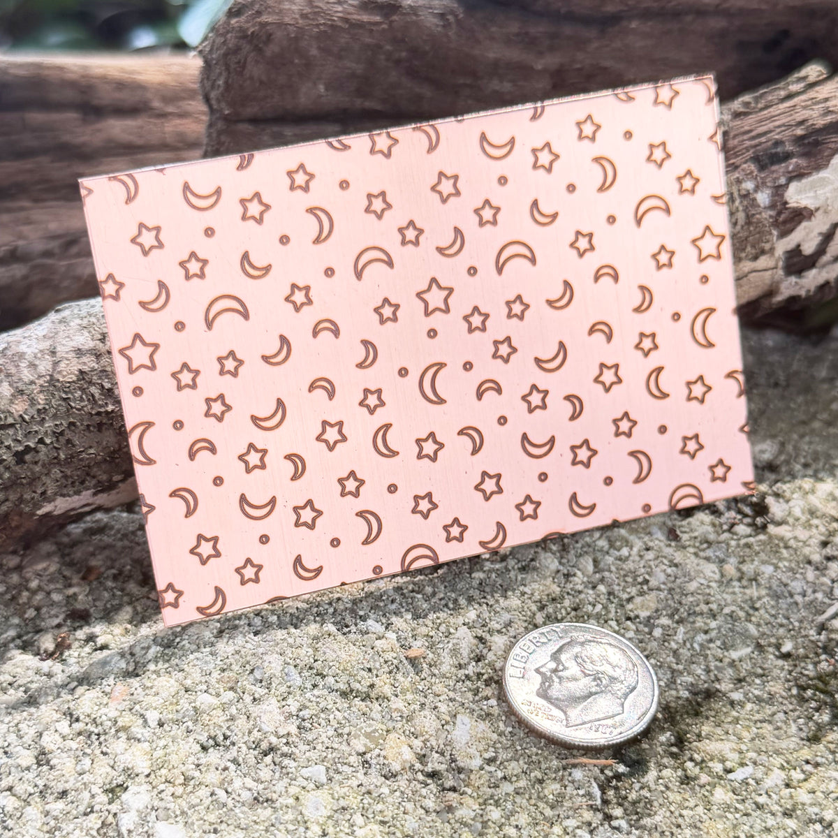 XLP0189 = Moons and Stars Laser Engraved Metal Sheet 3x2" = Textured Jewelry Blank = Copper, Brass & More