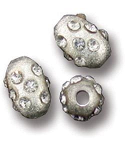 ABS-CO4 = Sterling Silver Bead OVAL WITH SATIN FINISH & WHITE CRYSTALS (Pkg of 5)