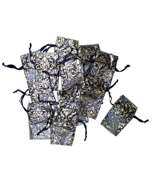 DBX1291G = Organza Drawstring Pouches Black & Gold Damask 1-3/4''x2'' (Dozen)
