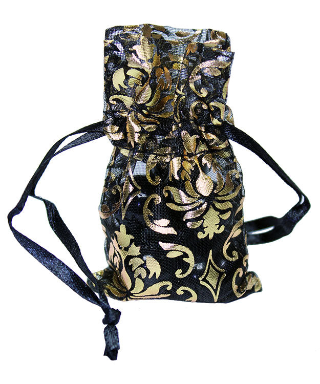 DBX1291G = Organza Drawstring Pouches Black & Gold Damask 1-3/4''x2'' (Dozen)