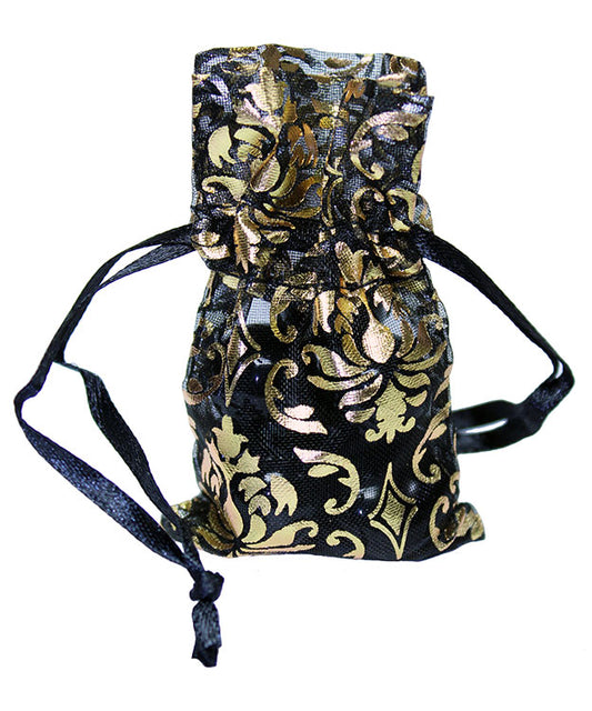DBX1291G = Organza Drawstring Pouches Black & Gold Damask 1-3/4''x2'' (Dozen)