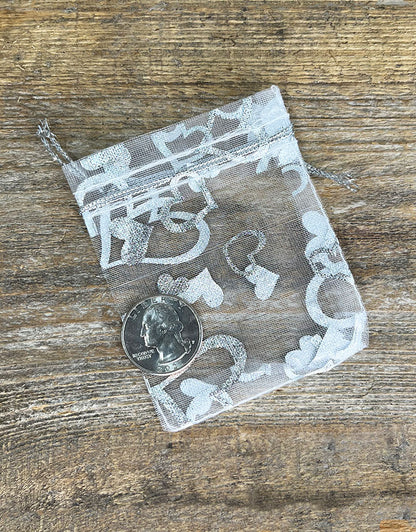 DBX1292HW = Organza Drawstring Pouches White with Silver Hearts 2-3/4''x3'' (Pkg/10)