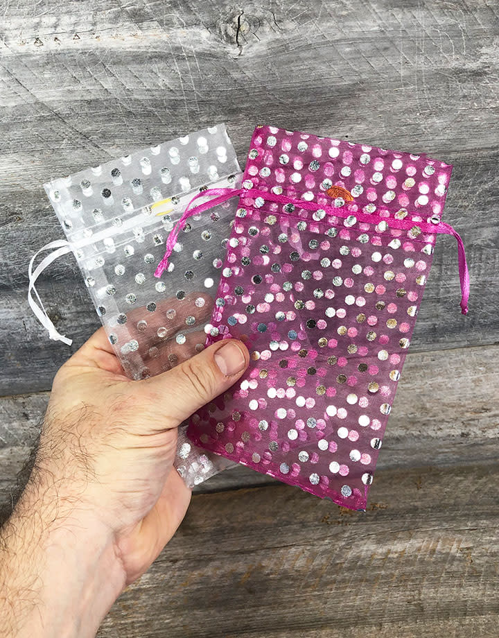 DBX1294P = Organza Drawstring Pouches Polka Dots 4''x5'' (Dozen)
