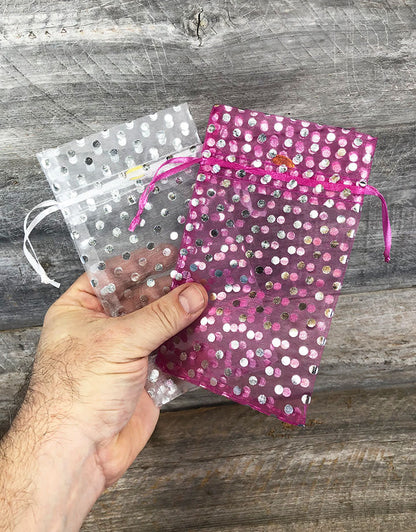 DBX1294P = Organza Drawstring Pouches Polka Dots 4''x5'' (Dozen)