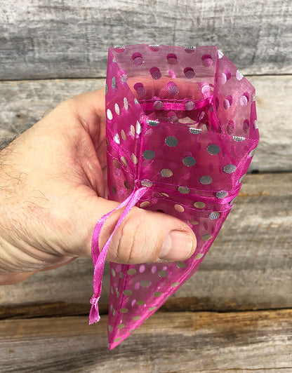 DBX1294P = Organza Drawstring Pouches Polka Dots 4''x5'' (Dozen)