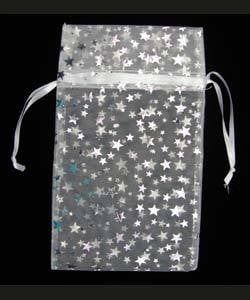 DBX1294W = Organza Drawstring Pouches White with Silver Stars 4''x5'' (Dozen)