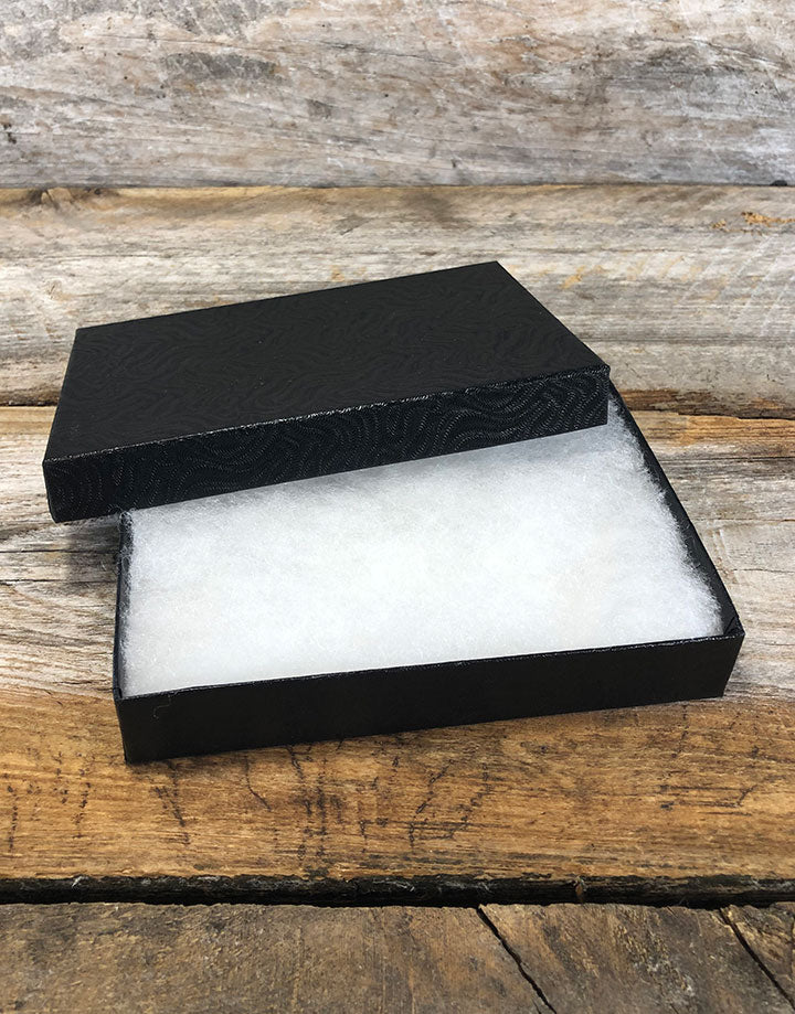 DBX2853B = BOXES - COTTON FILLED BLACK SWIRL  5-3/8'' x 3-7/8'' x 1''  CASE 100