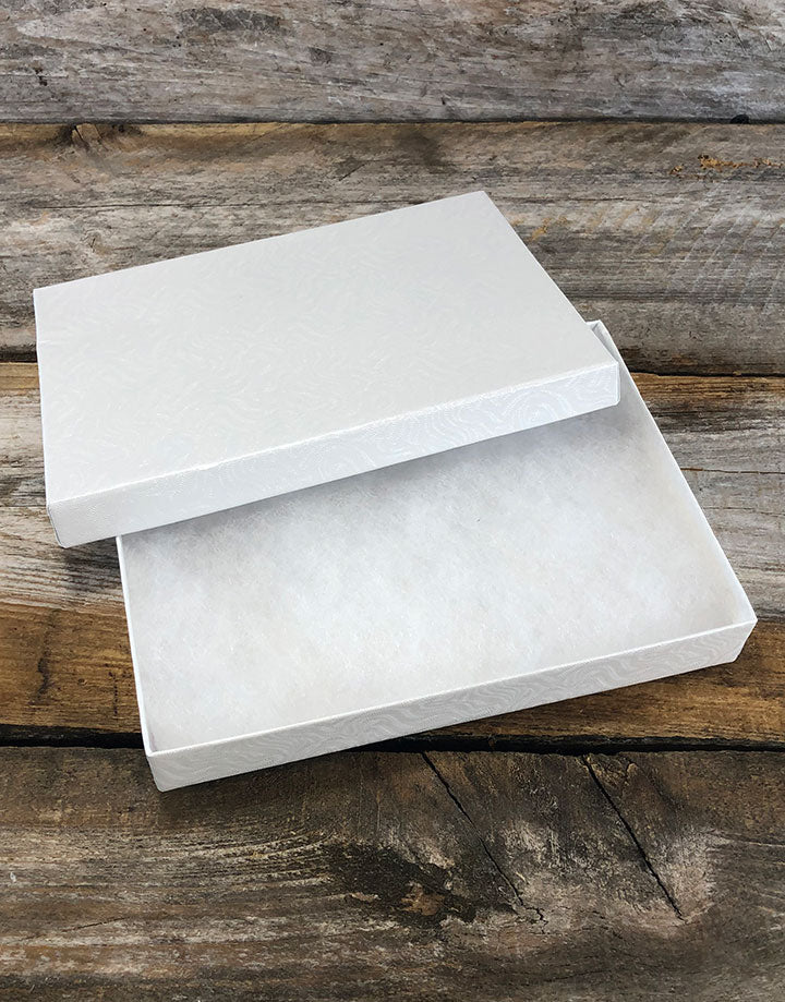 DBX2875W = BOXES - COTTON FILLED WHITE SWIRL  7-1/8'' x 5-1/8'' x 1-1/8''  CASE 100