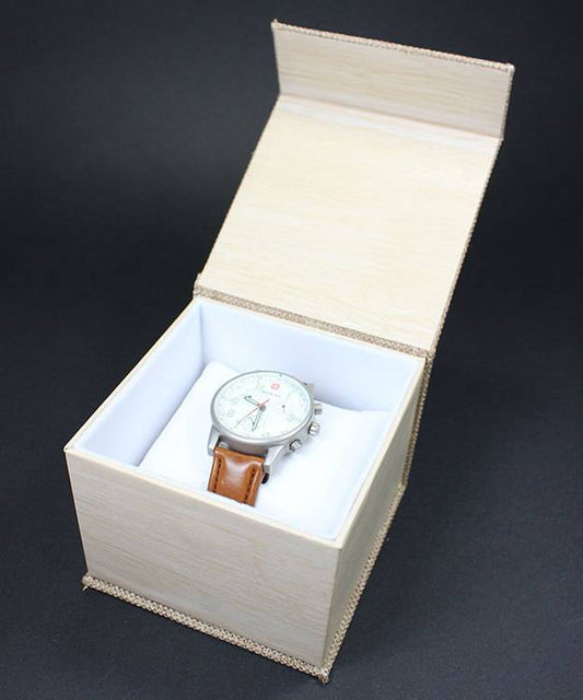 DBX3052 = Burlap Deluxe Magnetic Watch Box 4'' x 4'' x 2-1/4'' (Each)