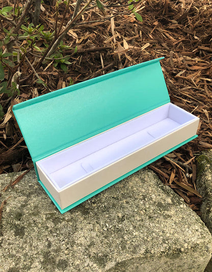 DBX4353 = Deluxe Magnetic Teal/White Bracelet Box 8-3/4" x 2-1/4" (Each)