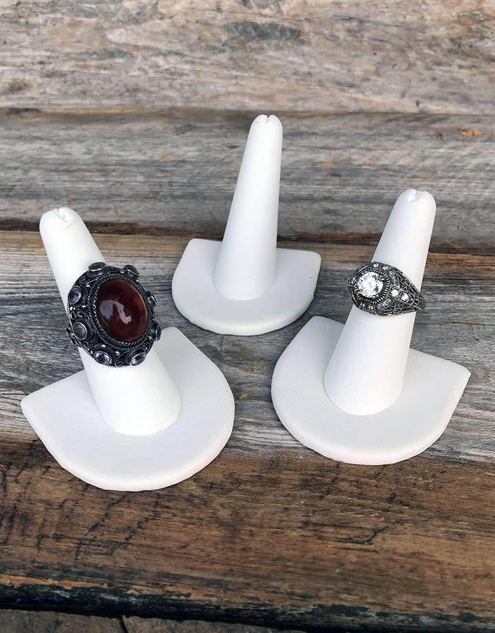 DRG6239 = White Leatherette Single Ring Finger Display 1/2 Round Base  (Pkg of 3)