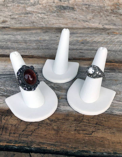 DRG6239 = White Leatherette Single Ring Finger Display 1/2 Round Base  (Pkg of 3)