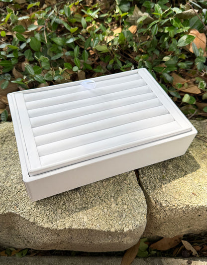 DRG6969 = White Leatherette Stackable Ring Tray With 7 Rows
