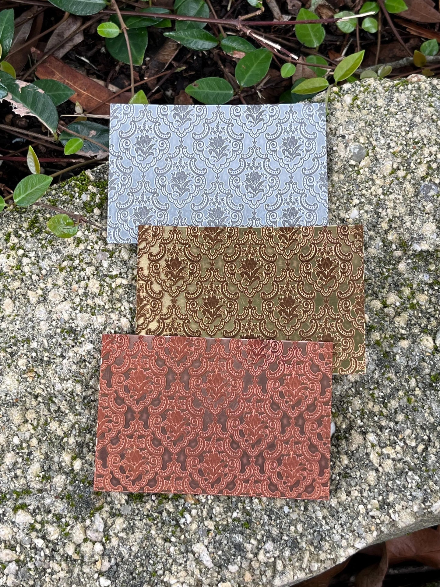XLP0156 = Damask Laser Engraved Metal Sheet 3x2" = Textured Jewelry Blank = Copper, Brass & More