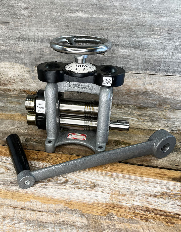 RM1003 = Mini C100E Combo Rolling Mill with Extensions by Durston
