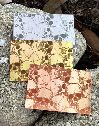 XLP0025 = Skulls Laser Engraved Metal Sheet 3x2" = Textured Jewelry Blank = Copper, Brass & More