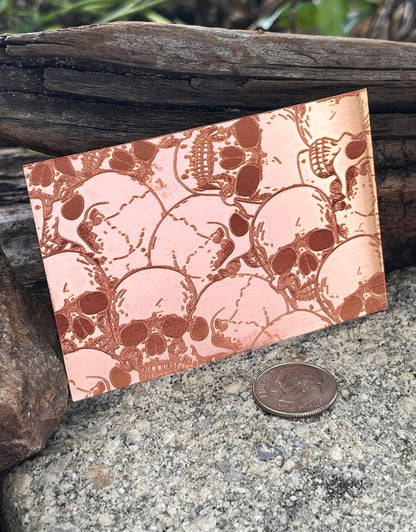 XLP0025 = Skulls Laser Engraved Metal Sheet 3x2" = Textured Jewelry Blank = Copper, Brass & More