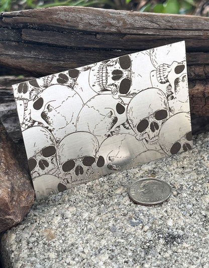 XLP0025 = Skulls Laser Engraved Metal Sheet 3x2" = Textured Jewelry Blank = Copper, Brass & More