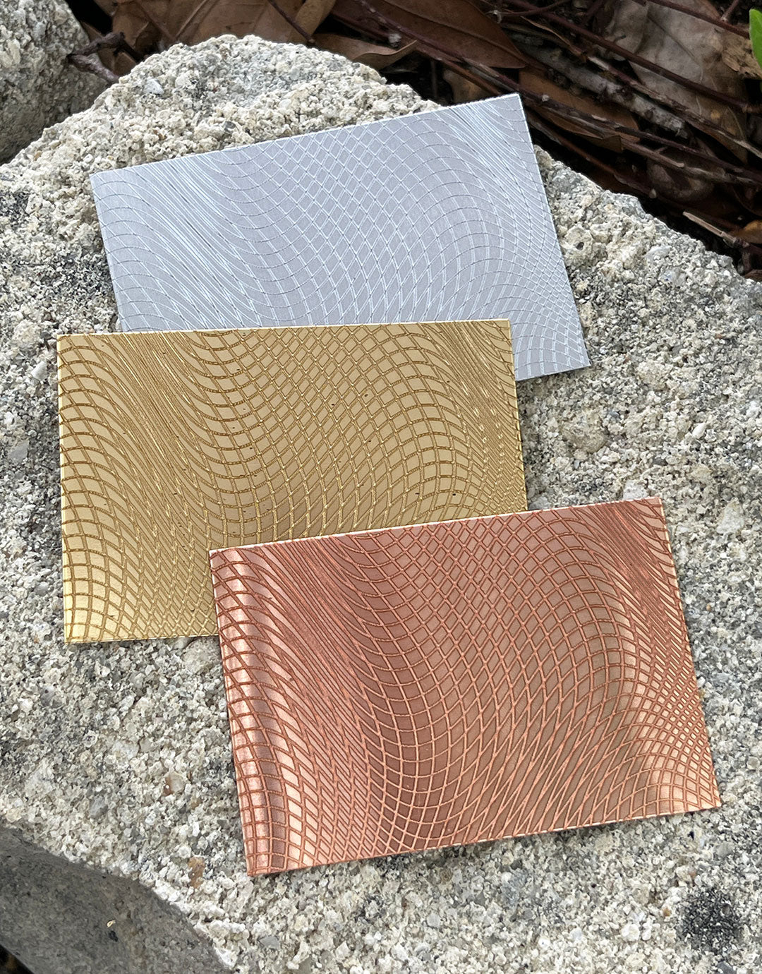 XLP0031 = Warped Mesh Laser Engraved Metal Sheet 3x2" = Textured Jewelry Blank = Copper, Brass & More