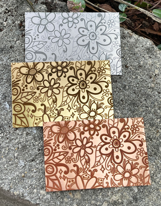 XLP0042 = Floral Doodles Laser Engraved Metal Sheet 3x2" = Textured Jewelry Blank = Copper, Brass & More
