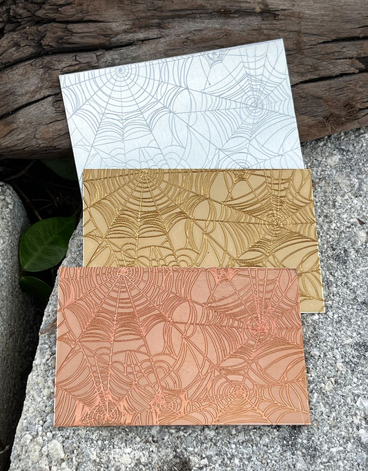 XLP0045 = Spider Web Laser Engraved Metal Sheet 3x2" = Textured Jewelry Blank = Copper, Brass & More