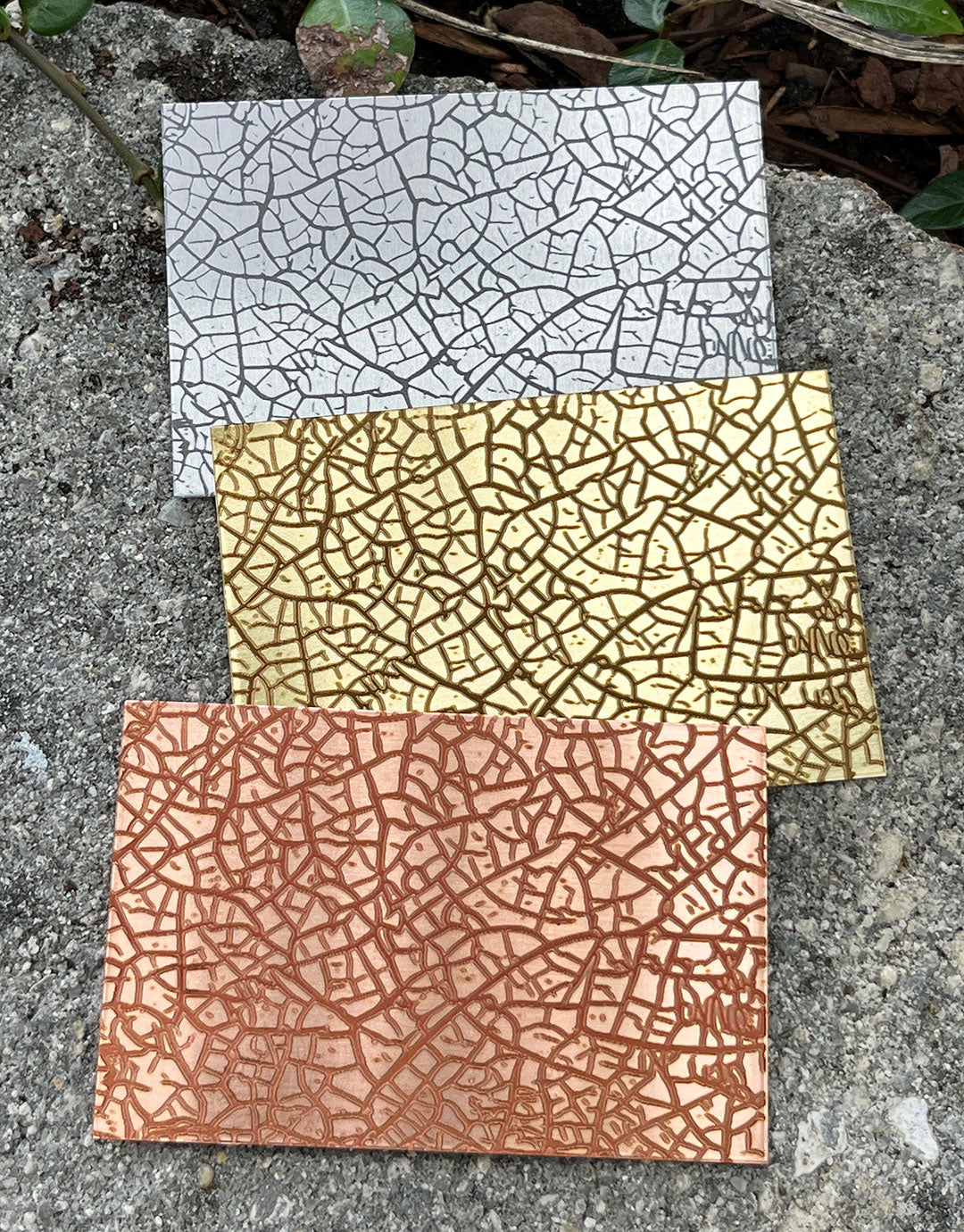 XLP0048 = Cracked Glass Laser Engraved Metal Sheet 3x2" = Textured Jewelry Blank = Copper, Brass & More
