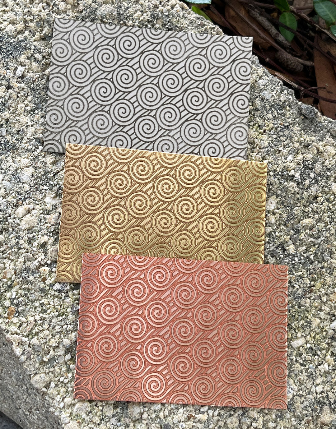 XLP0054 = Deco Curls Laser Engraved Metal Sheet 3x2" = Textured Jewelry Blank = Copper, Brass & More