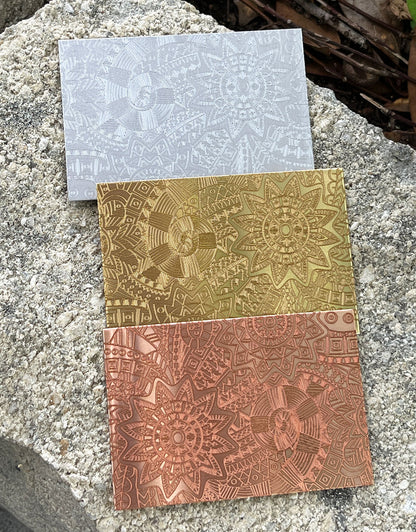 XLP0061 = Boho Burst Laser Engraved Metal Sheet 3x2" = Textured Jewelry Blank = Copper, Brass & More