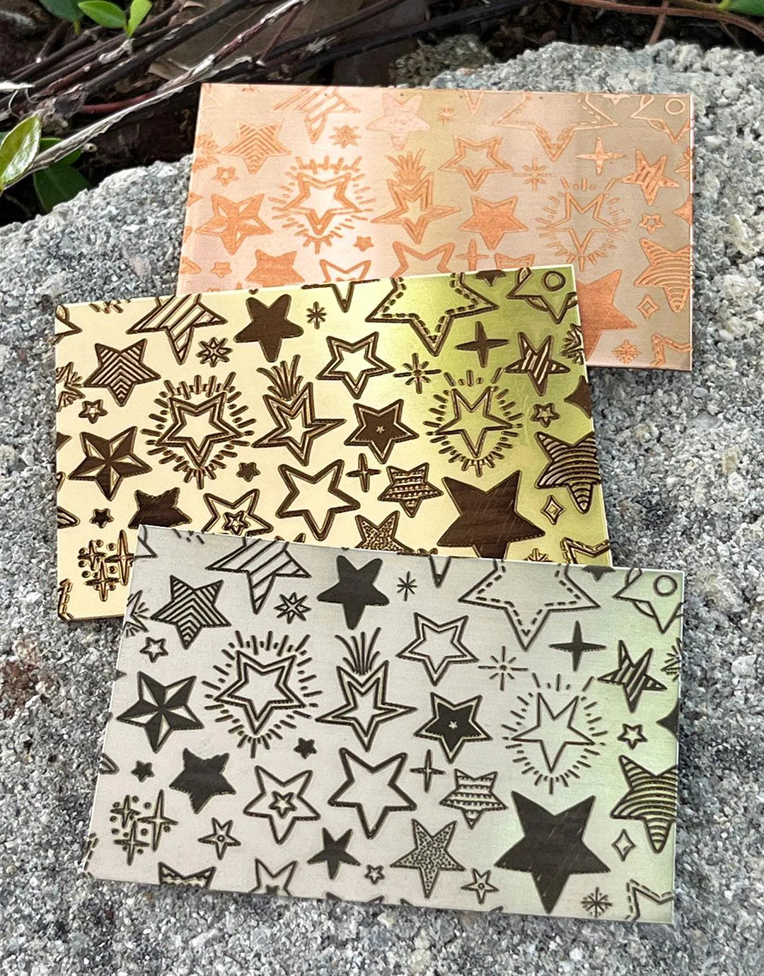 XLP0067 = Hand Drawn Stars Laser Engraved Metal Sheet 3x2" = Textured Jewelry Blank = Copper, Brass & More