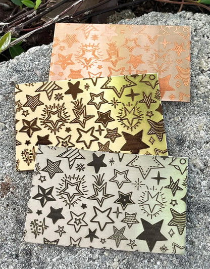 XLP0067 = Hand Drawn Stars Laser Engraved Metal Sheet 3x2" = Textured Jewelry Blank = Copper, Brass & More