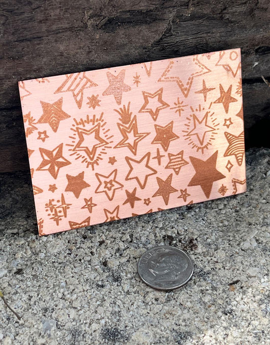 XLP0067 = Hand Drawn Stars Laser Engraved Metal Sheet 3x2" = Textured Jewelry Blank = Copper, Brass & More