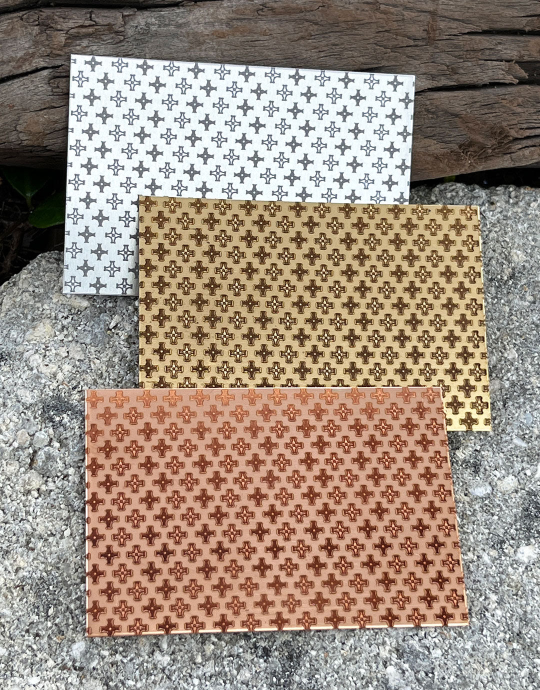 XLP0090 = Black and White Crosses Laser Engraved Metal Sheet 3x2" = Textured Jewelry Blank = Copper, Brass & More