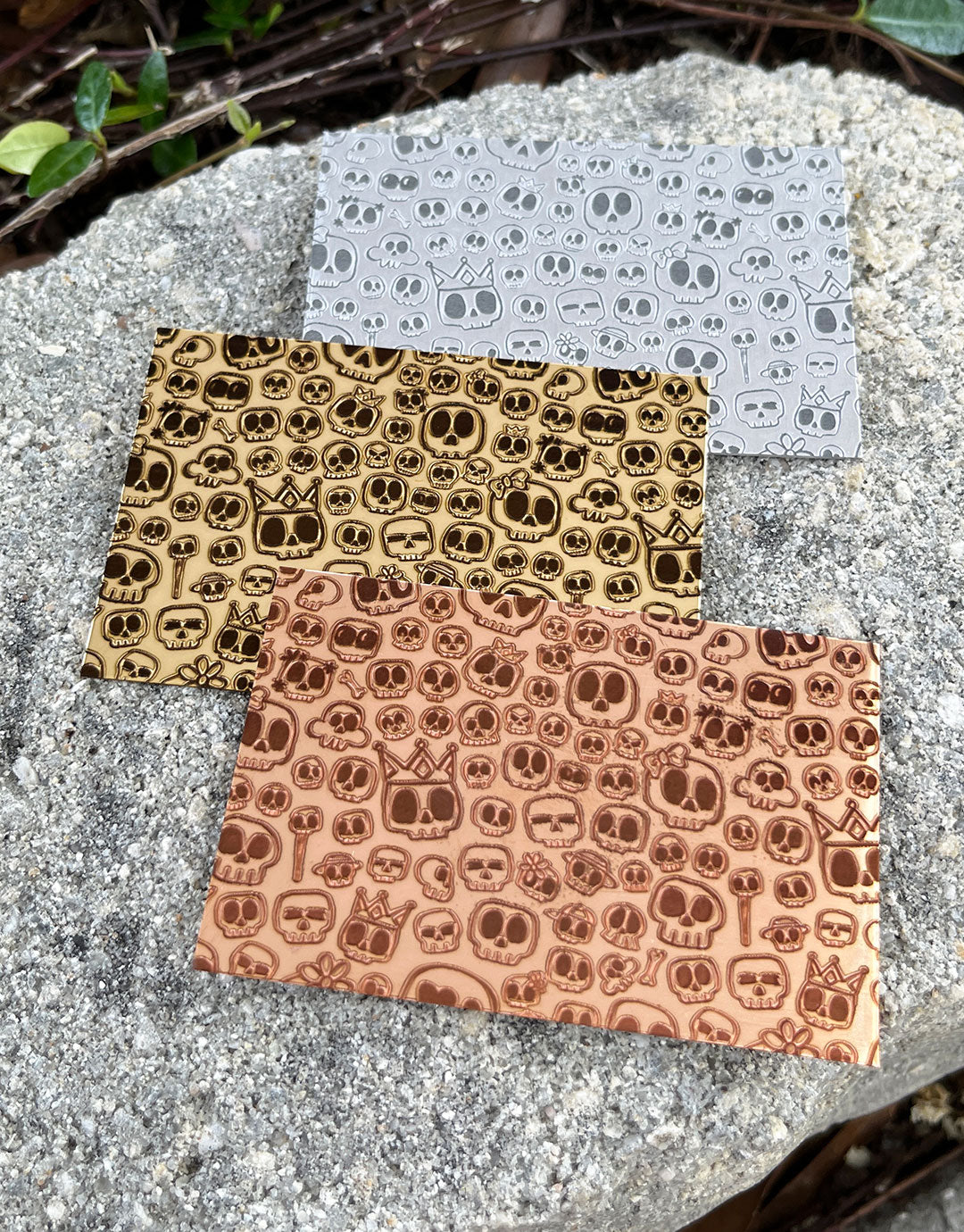 XLP0098 = Cute Skulls Laser Engraved Metal Sheet 3x2" = Textured Jewelry Blank = Copper, Brass & More