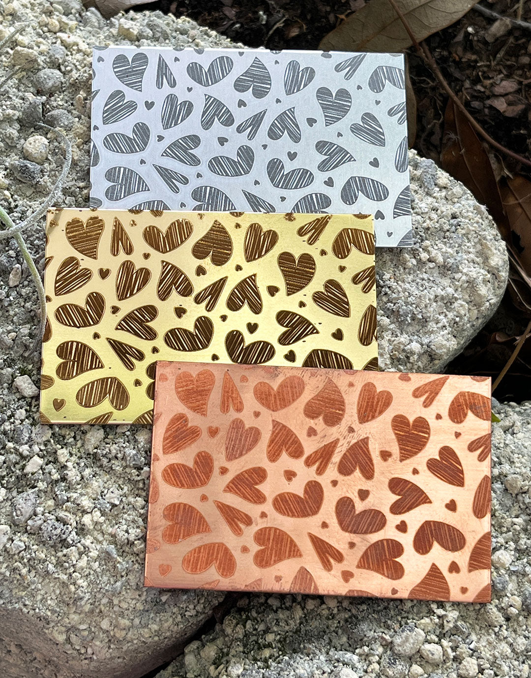 XLP0104 = Scribble Hearts Laser Engraved Metal Sheet 3x2" = Textured Jewelry Blank = Copper, Brass & More