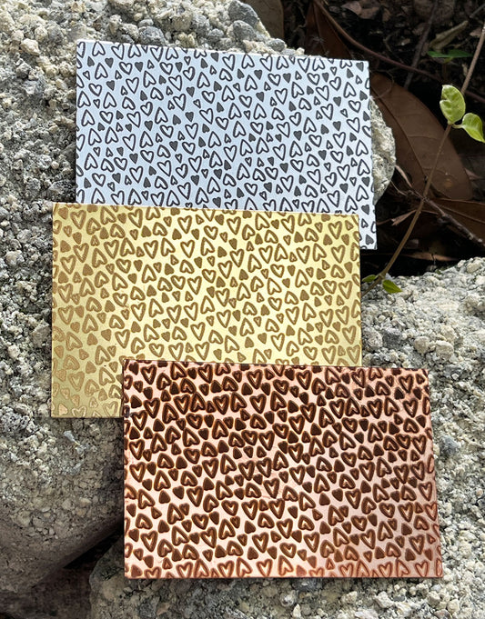 XLP0106 =Tiny Hearts Laser Engraved Metal Sheet 3x2" = Textured Jewelry Blank = Copper, Brass & More