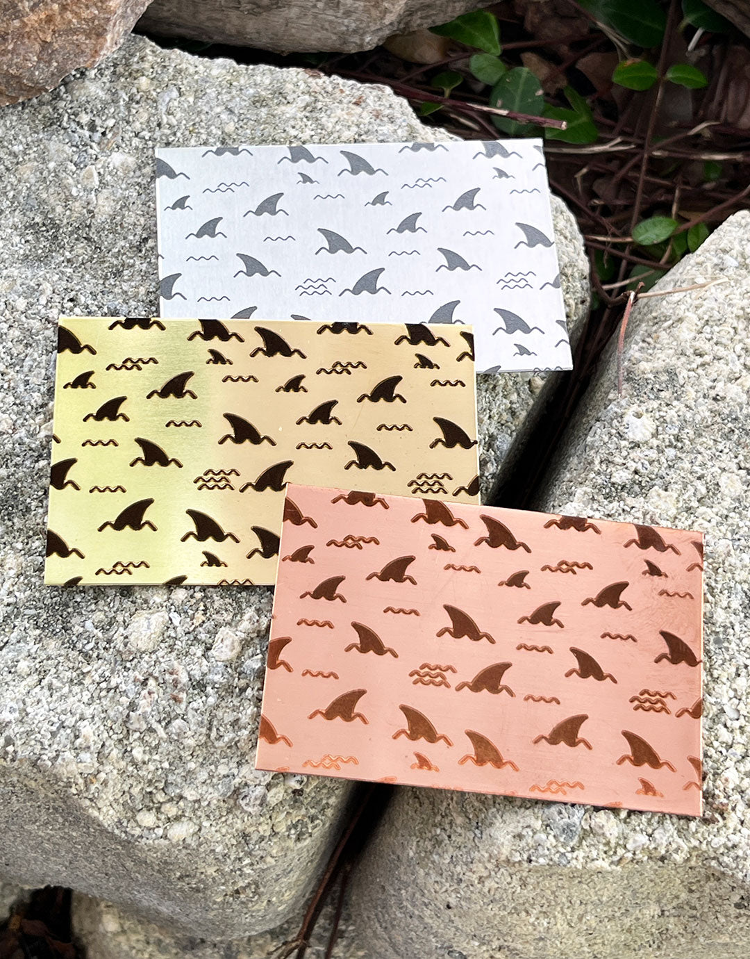 XLP0107 = More Shark Fins Laser Engraved Metal Sheet 3x2" = Textured Jewelry Blank = Copper, Brass & More