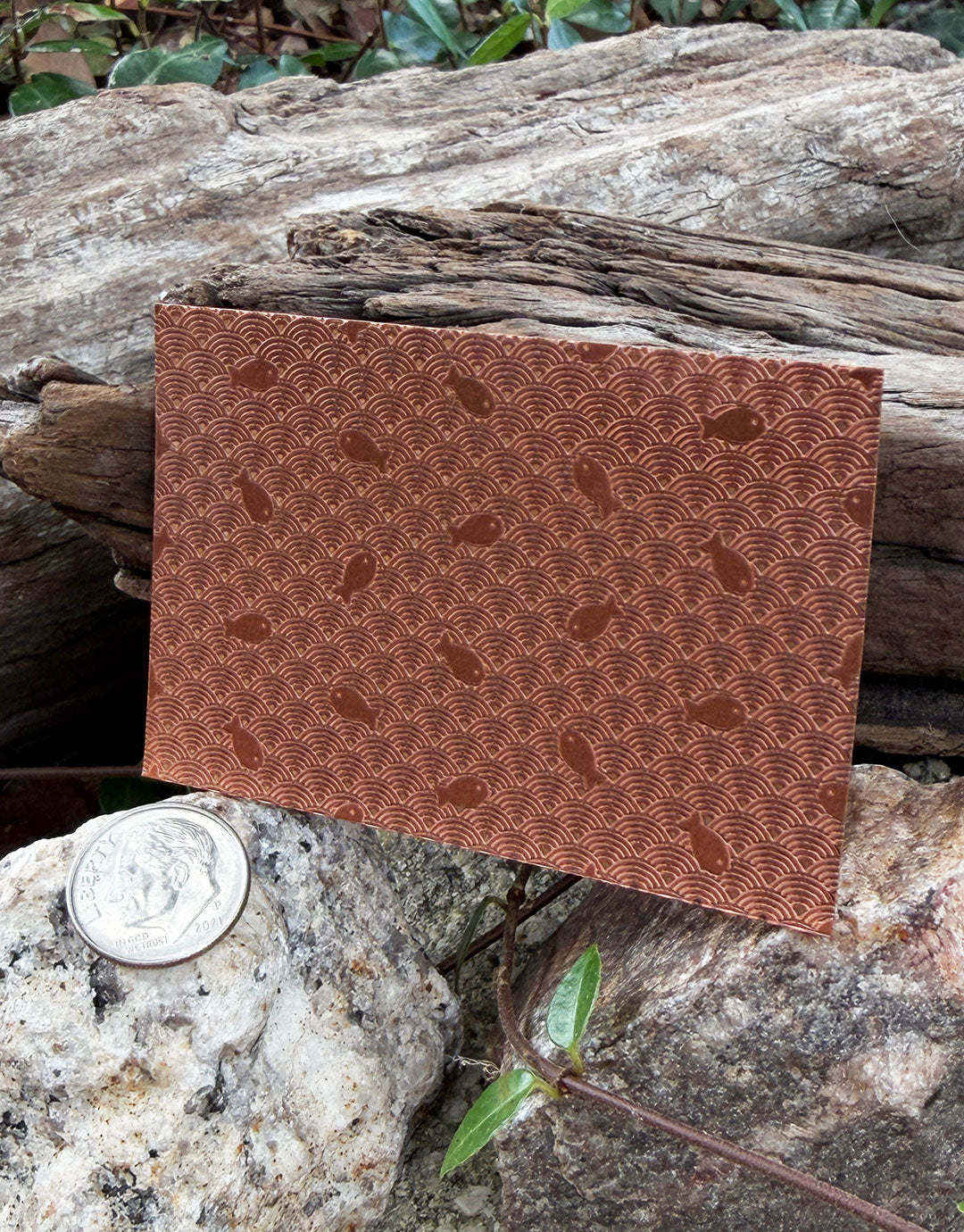 XLP0110 = Japanese Fish Laser Engraved Metal Sheet 3x2" = Textured Jewelry Blank = Copper, Brass & More