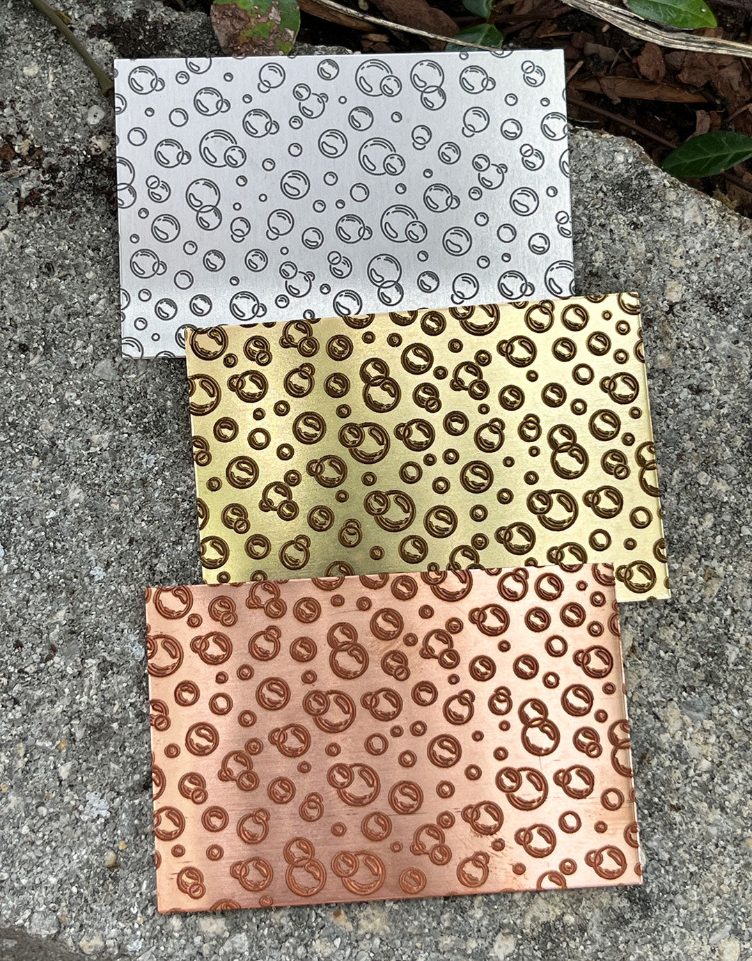XLP0121 = Soap Bubbles Laser Engraved Metal Sheet 3x2" = Textured Jewelry Blank = Copper, Brass & More