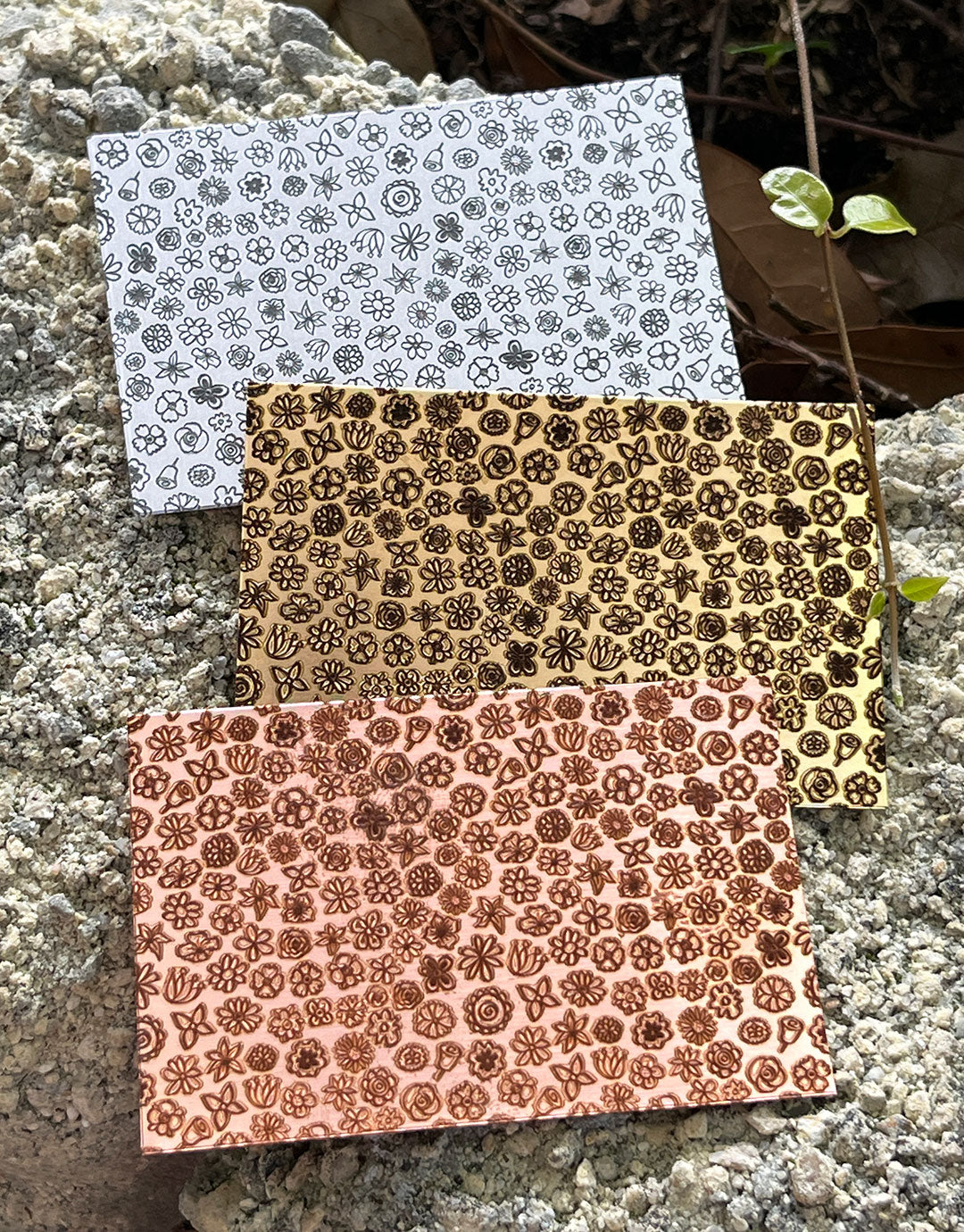XLP0122 = Flower Bloom Laser Engraved Metal Sheet 3x2" = Textured Jewelry Blank = Copper, Brass & More
