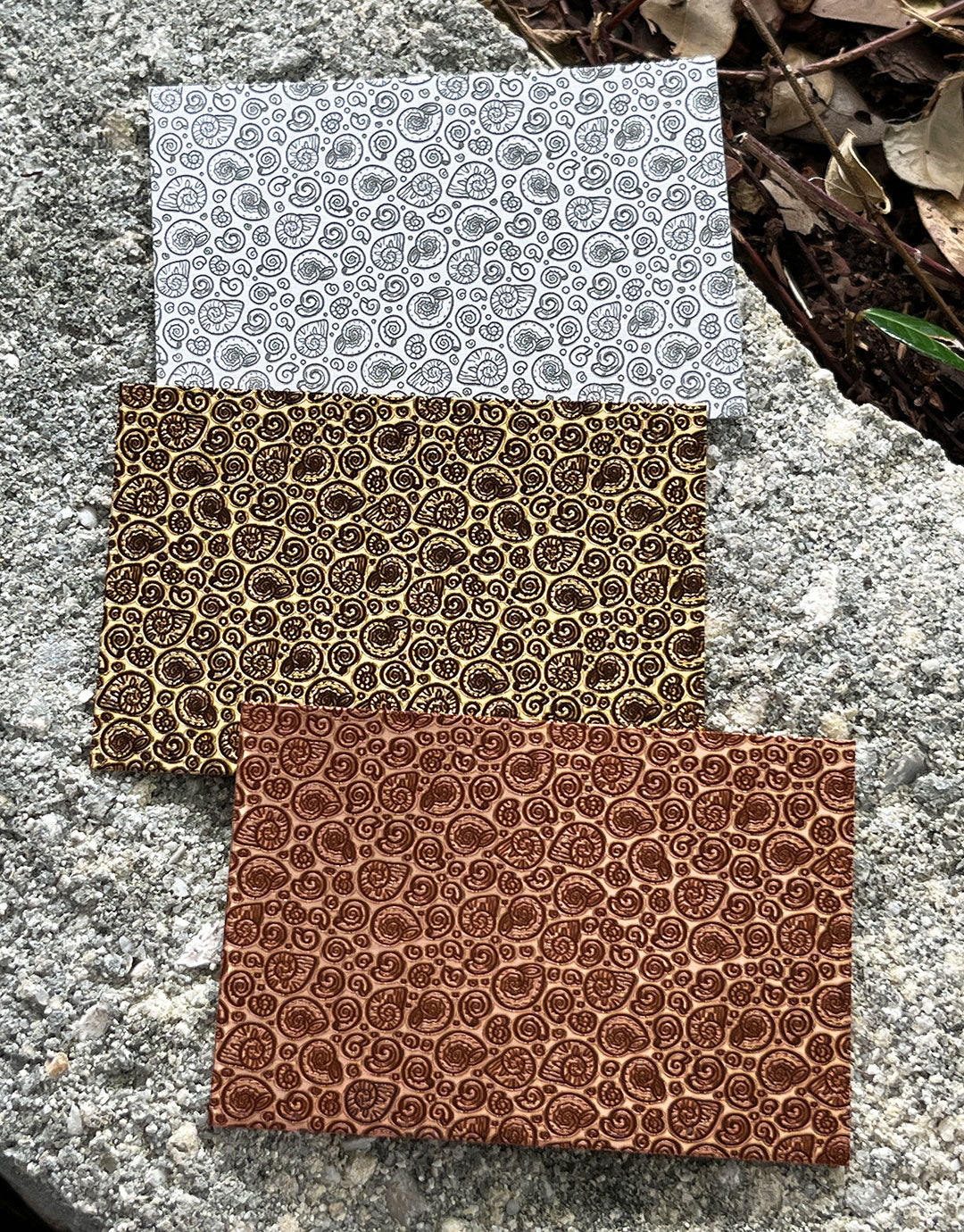 XLP0127 = Snail Shells Laser Engraved Metal Sheet 3x2" = Textured Jewelry Blank = Copper, Brass & More