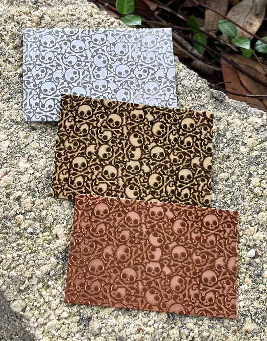 XLP0130 = Skulls and Crossbones Laser Engraved Metal Sheet 3x2" = Textured Jewelry Blank = Copper, Brass & More