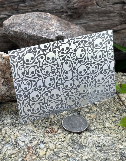 XLP0130 = Skulls and Crossbones Laser Engraved Metal Sheet 3x2" = Textured Jewelry Blank = Copper, Brass & More