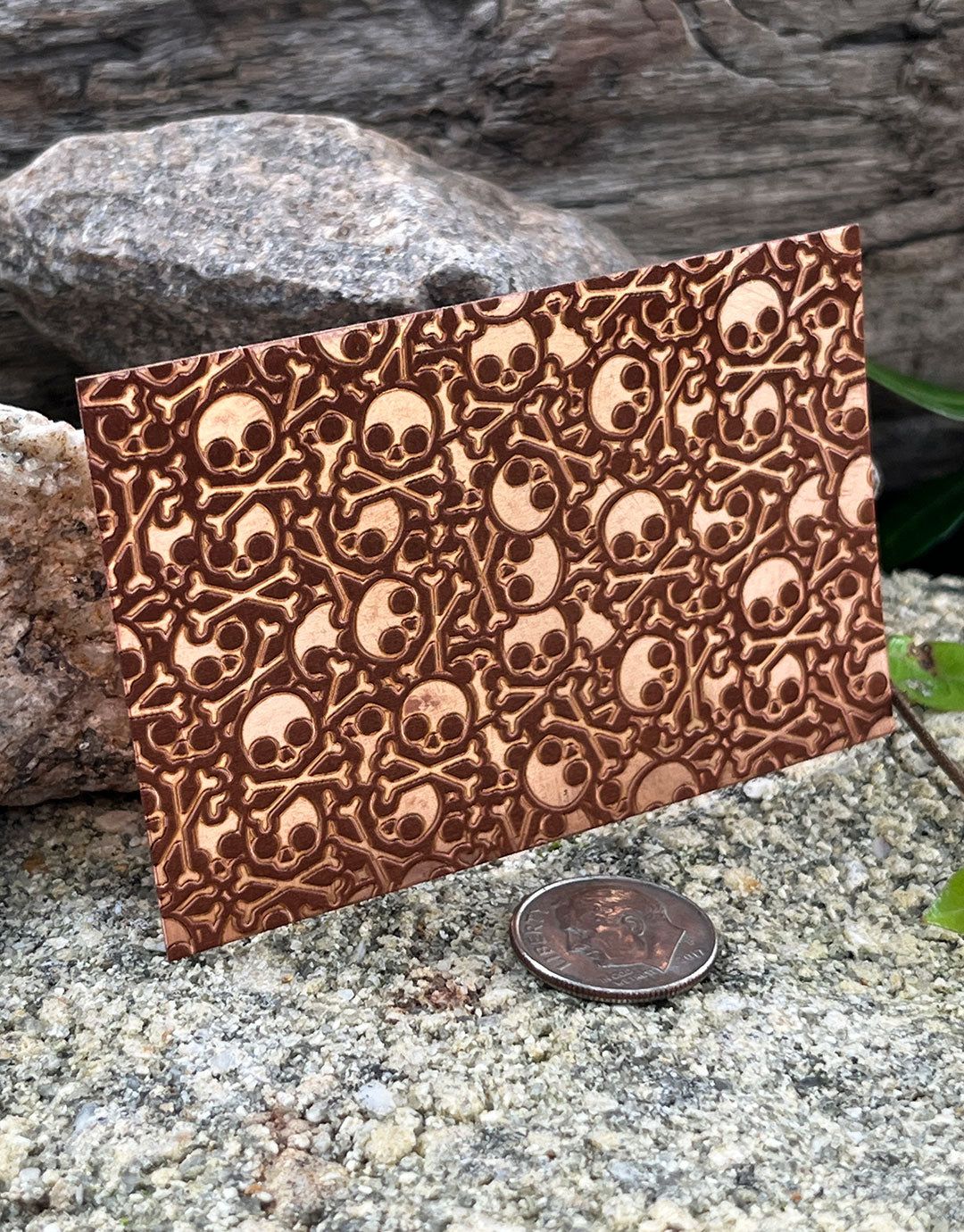 XLP0130 = Skulls and Crossbones Laser Engraved Metal Sheet 3x2" = Textured Jewelry Blank = Copper, Brass & More